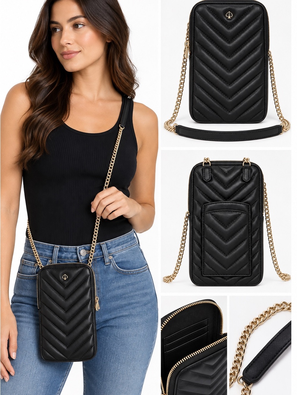 kate spade Black Quilted Crossbody Phone Bag with Gold Chain